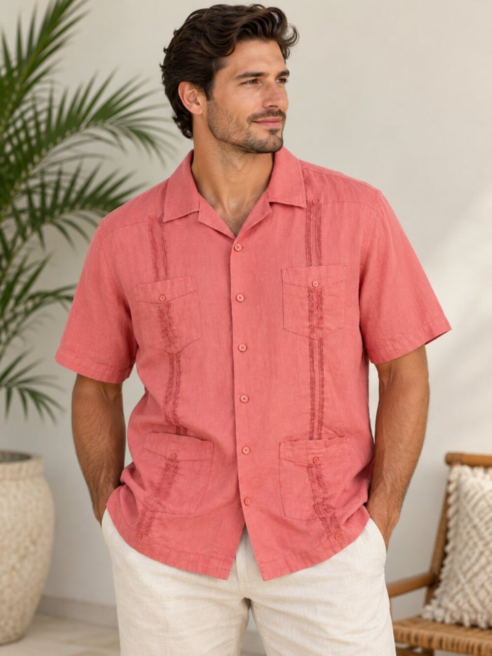Cubavera Men’s XL Coral 100% Linen 4 Pocket Guayabera Shirt